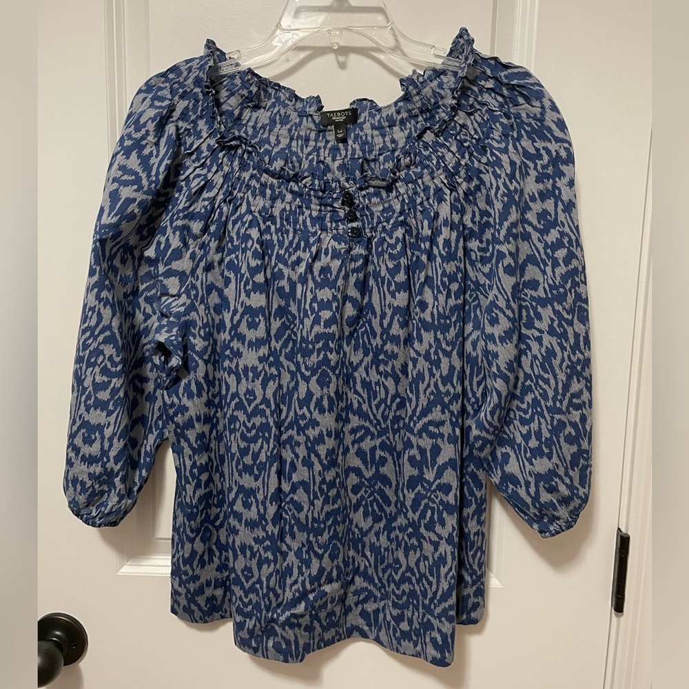 Talbots Large Petite Blue & Gray Smocked Top